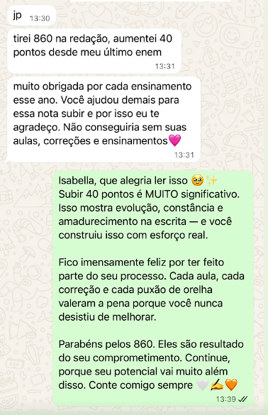 Mensagem de aluno aprovado pelo JP