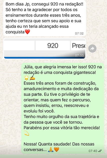 Mensagem de aluno aprovado pelo JP