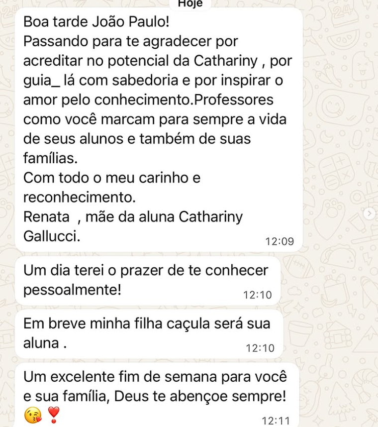 Mensagem de aluno aprovado pelo JP