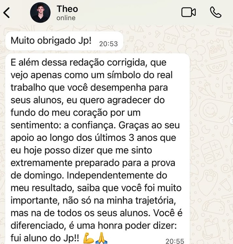 Mensagem de aluno aprovado pelo JP