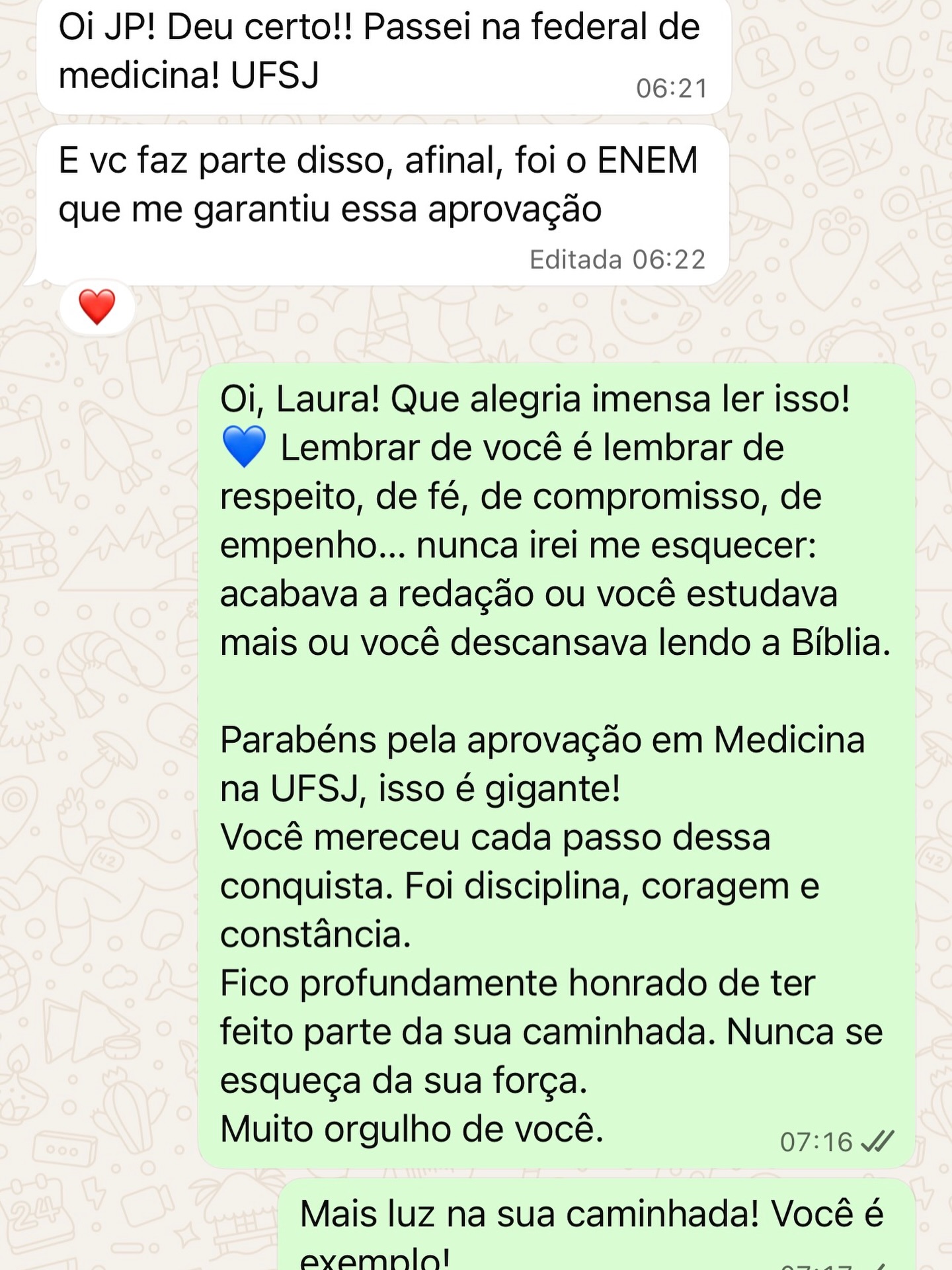 Mensagem de aluno aprovado pelo JP