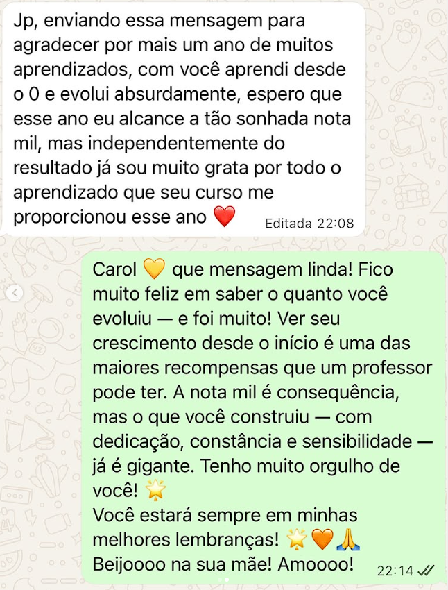 Mensagem de aluno aprovado pelo JP