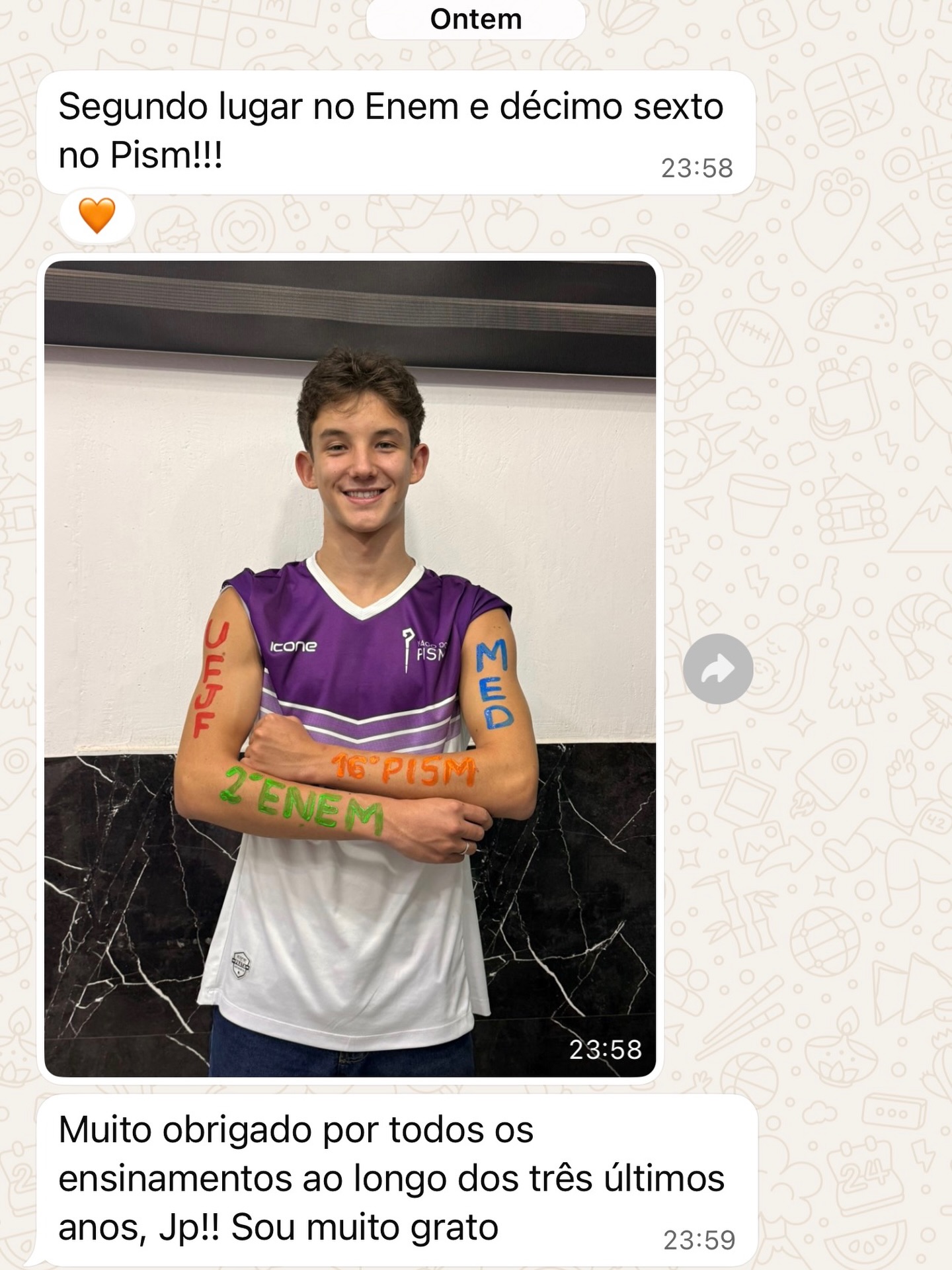 Mensagem de aluno aprovado pelo JP